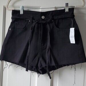 NWT PACSUN BLACK MOM JEAN DENIM SHORTS TIE BELT HIGH WAIST FRAYED BOTTOM SIZE 26